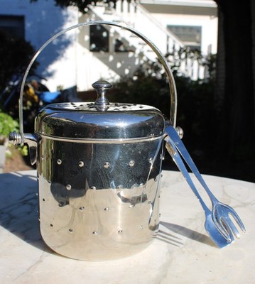 Vintage Chrome Ice Bucket with Lid & Handle & Tongs Silver Barware India