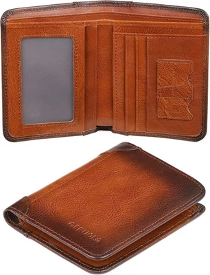 SEYY RFID Block Genuine Leather Bifold Slim Men Wallet ID Window Card Slots Billfold