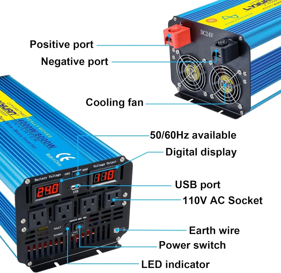 4000W 8000W Pure Sine Wave Power Inverter 24V to 110V Remote Control 3.1AUSB 4AC - Image 3 of 4