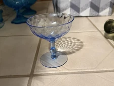 1930 Blue diamond optic glass champagne coupe by H.C. Fry Glass Company.