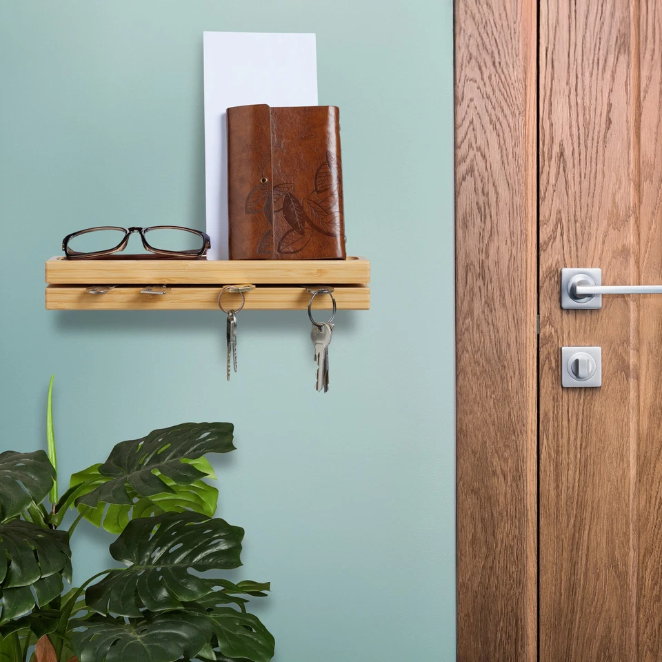 Key Holder Rack Shelf Tray Wall Storage Hallway Entrance Decor Bamboo 29.5cm - Image 2 of 4