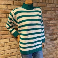 American Weekend Green White Stripe Sweater Pocket Turtle Neck Vintage 90s Large