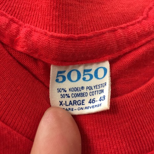 Vintage Paper Thin Distressed Blank Plain 5050 Pocket T Shirt Surf Work Red 70s  - Afbeelding 1 van 8