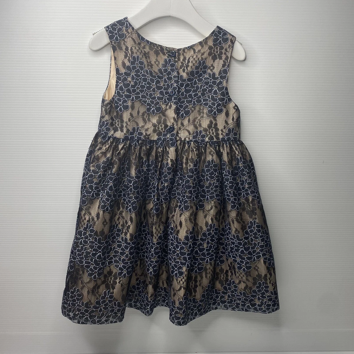 Girls Size 4 Frais Dress Navy Blue Floral Black Lace Party Photo Wedding Formal