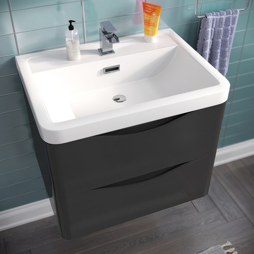 Lyndon 600mm Wall Hung Dark Grey Gloss Bathroom Vanity Unit Resin Basin ...