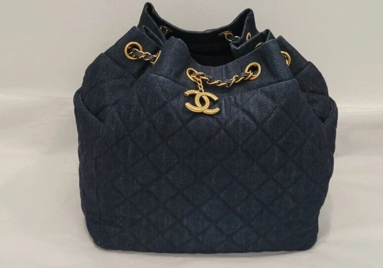 CHANEL Dark Blue Quilted Denim Urban Spirit Drawstring Bag with Gold  Hardware