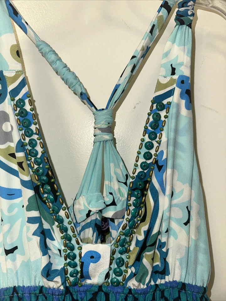 Hale Bob Moscow Nights Silk Crepe Sleeveless V-Neck Maxi Dress Blue Beaded Sz XS - Image 4 of 4