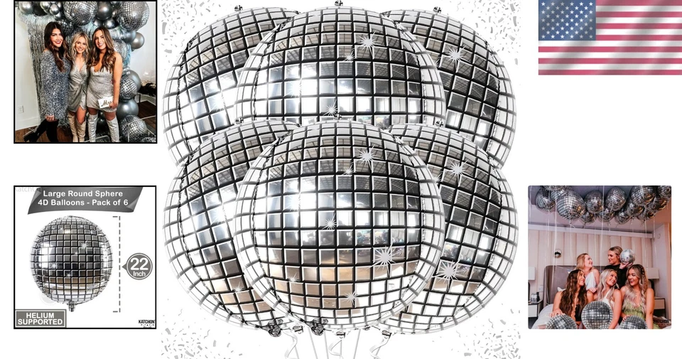 Globos de bola de discoteca gigantes plateados de 22 pulgadas - Paquete de 6 para la máxima diversión de fiesta Foto 2 de 4
