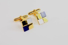   Vintage Pair Mens Cuff Links Square Checkerboard Onyx Blue Stone Gold Plate