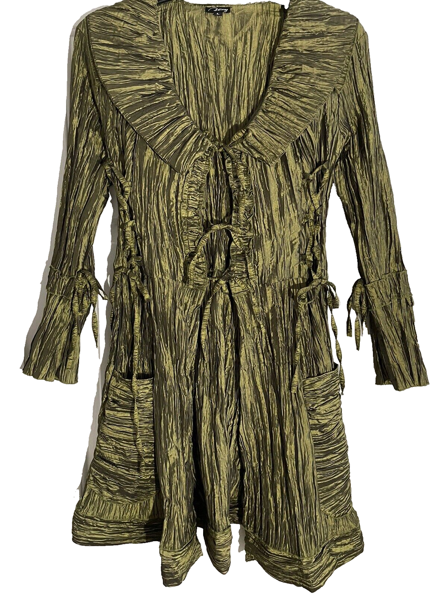 のん ButterCup Cardigan Size Large Green Ruched Front Tie Long Duster