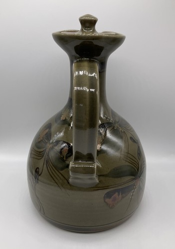 Vintage Green Leaf Floral Pattern Lidded Ceramic Pottery Decorative Decanter Jug - Picture 4 of 10