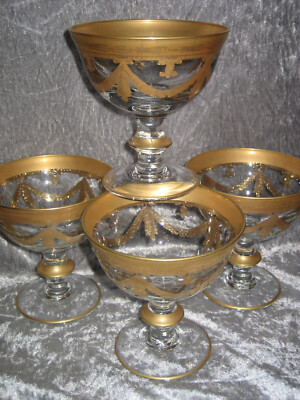 4 x Champagnerschale ''Cristal T Murano'' 24 kt Gold Girlandenmuster Handgefertigt
