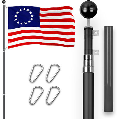 Combo: 16 Ft Telescoping Flagpole Black & Betsy Ross Flag 3x5 Ft Emb 300D Poly