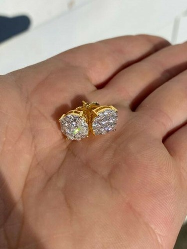 Real Solid 925 Silver Hip Hop Men's Earrings Round Studs 14k Gold Plated Iced CZ - Picture 4 of 12