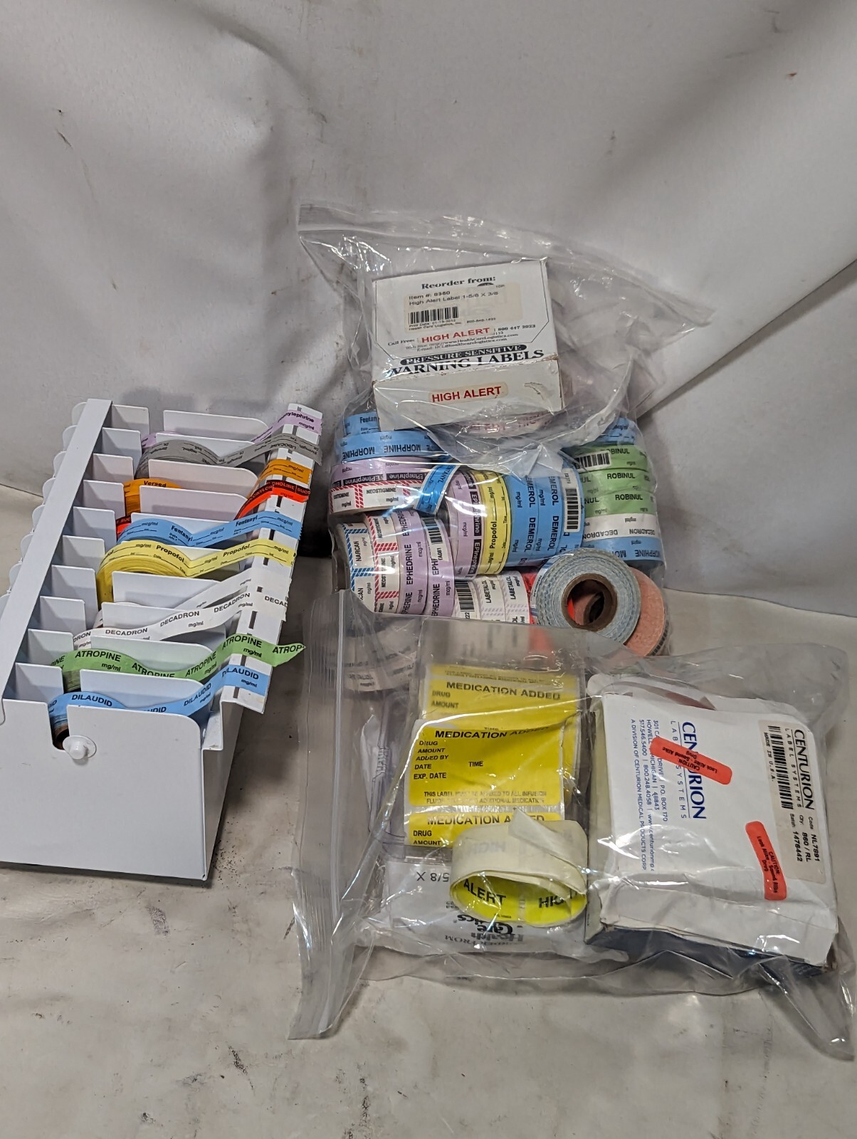 Lot of 2 metal medication label tape dispensers with assorted labels