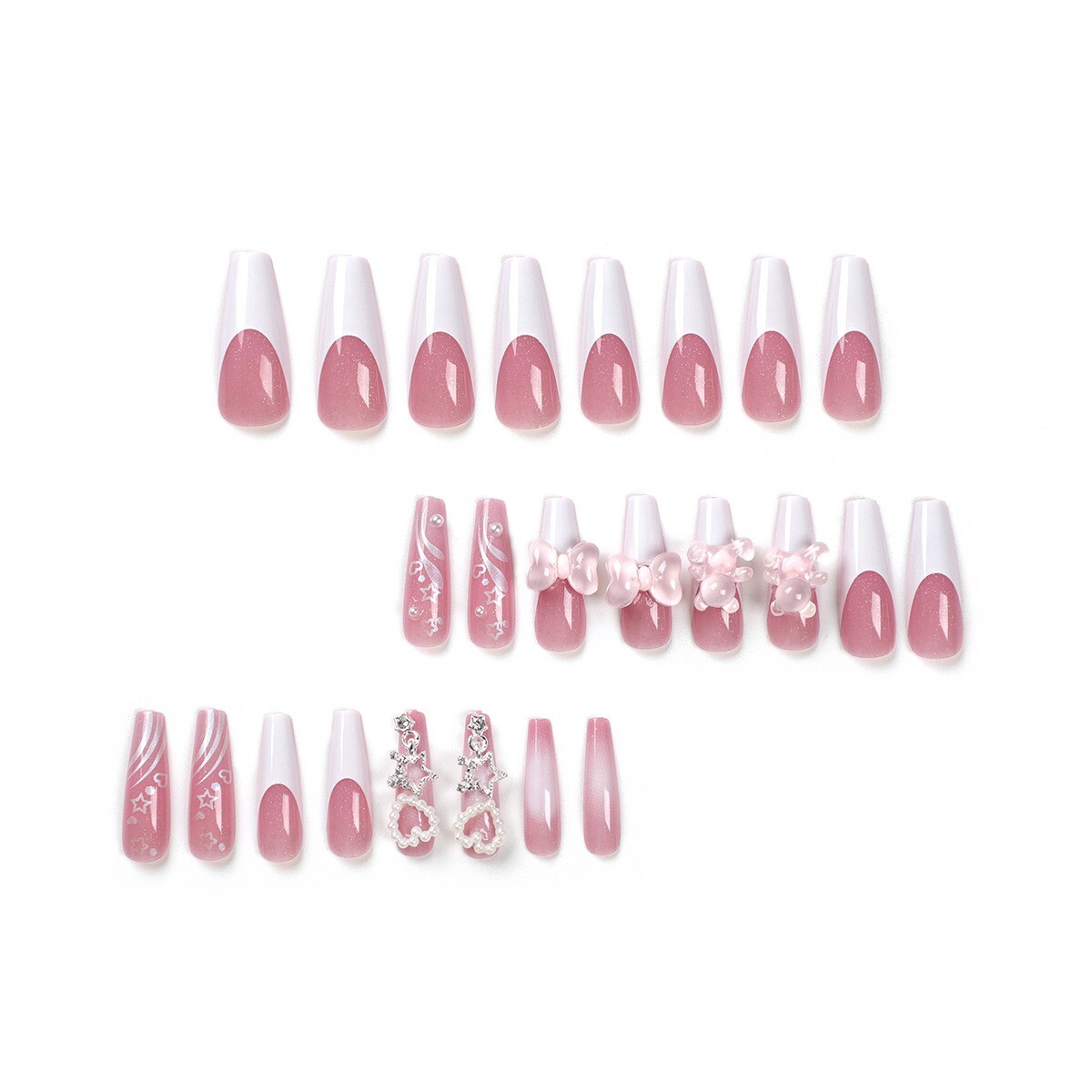 24pcs Cute French Bear 3D Pearl False Nail Long Coffin Press on Nails
