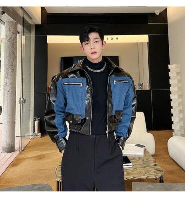 Men's Fashion Youth Denim Korean Black Matching Shiny Zipper Loose