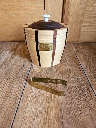 Vintage LANCROFT laminowane 2-kolorowe drewniane wiadro na lód treen z wkładką domowy bar - Zdjęcie 1 z 11