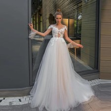 A-Line Women Wedding Dresses Sweetheart Collar Lace Printing Bridal Gown Mopping