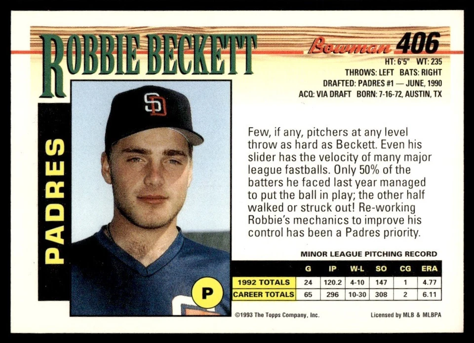 1993 Bowman Robbie Beckett San Diego Padres #406 - Image 2 of 2