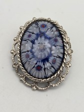 Vintage silver tone blue, white & red millefiori glass domed brooch