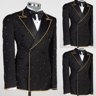 Beading Men's Black Suit Peak Lapel Prom Wedding Hosting 2Pcs Jacket Evening