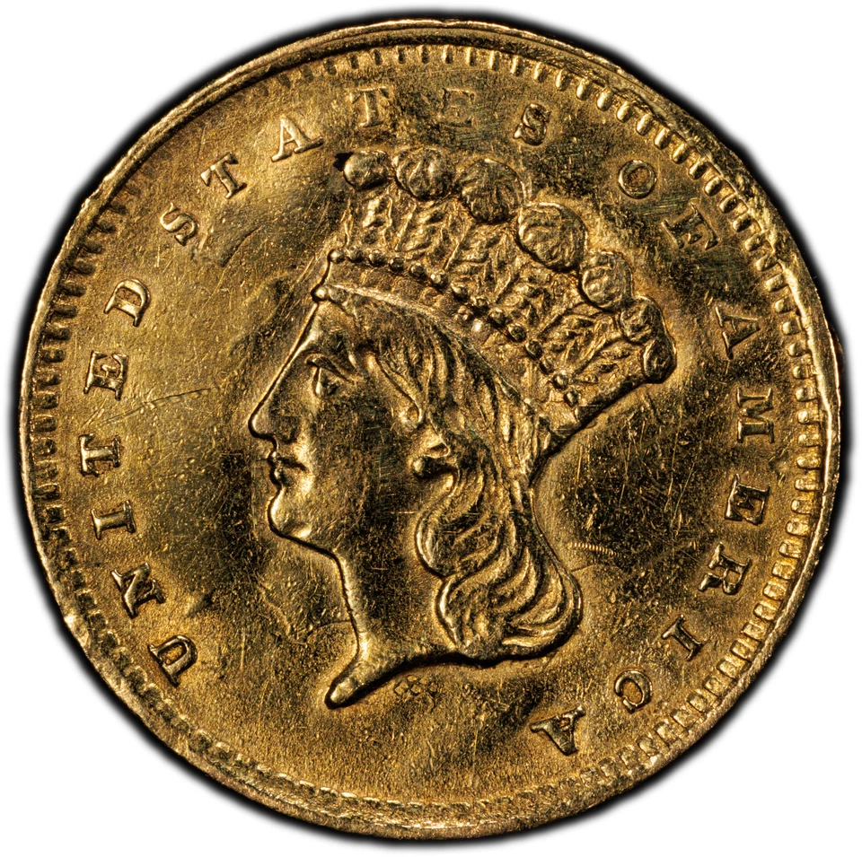 1856 $1 Oro Libertad Inclinado 5 Variedades PCGS Genuino AU Detalle T3 Princesa India Foto 3 de 4