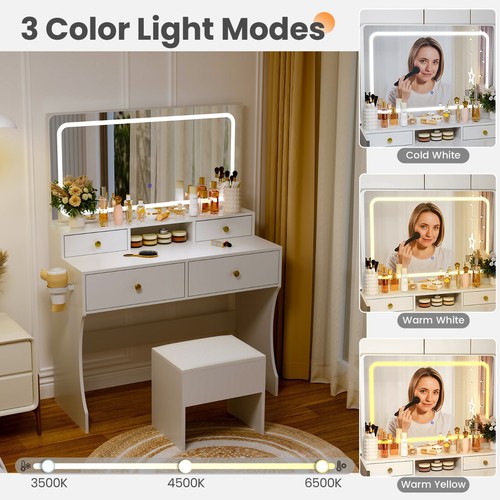 Golden Handles Vanity Desk with Mirror and Lights, 4 Drawers Makeup Vanity with - Picture 4 of 7