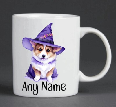 Personalisierte Tasse Corgi Hund Hexe Zauberer lila Halloween Geschenk mikrowellengeeignet
