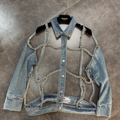 Metal Silver Chain Hollow Out Denim Jacket Punk Goth Long
