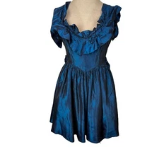 GUNNE SAX vintage 80s Dress Fit & flare ruffle frill metallic cobalt blue size 5