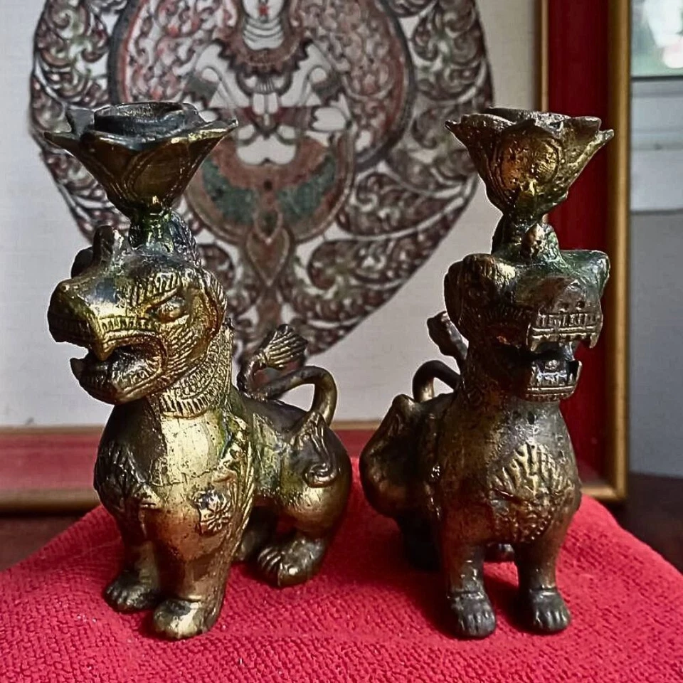 Raro Par De Colección Foo Perro Candelabro León Tailandés Singha Guardián Estatua Bronce Foto 2 de 4