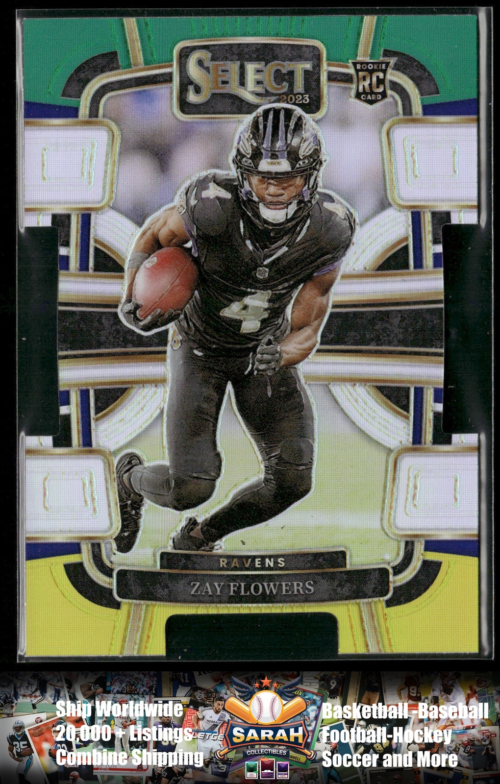 2023 Panini Select #8 Zay Flowers Green & Yellow Prizm Die-Cut RC - Baltimore