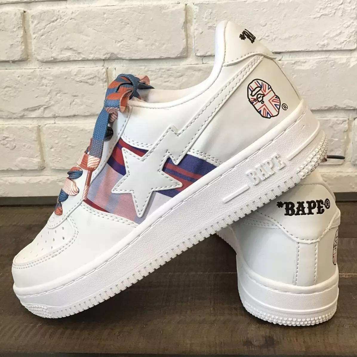 Leather BAPE STA sneakers white × check A Bathing Ape US 7.5