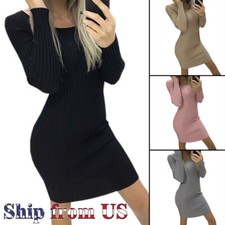 Women Sexy Bodycon Knit Sweater Dress Casual Slim Long Sleeve Mini Jumper Party