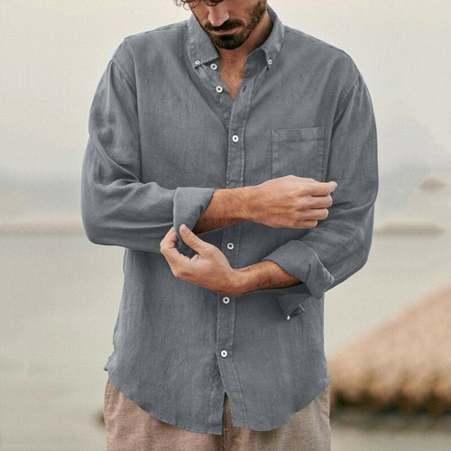 Herren Freizeit Baumwolle Leinen Shirt Langarm Lose Bluse Knopfleiste Shirts Tops - Bild 20 von 23