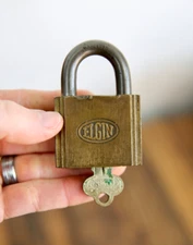 Antique Elgin Brass Padlock w/ key vintage lock display case tool box chest