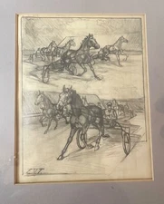 antique original pencil drawing horse harness track racing realism EVT sketch