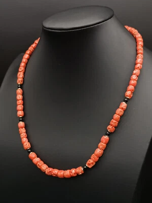 Collier Vrai Corail Rouge Naturel A Barriques Onyx Noir Argent Blanc 925 - Photo 1/4