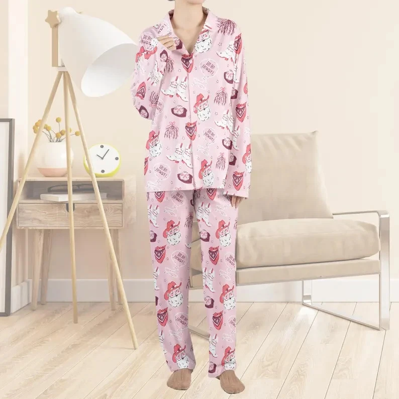 Conjunto de pijama unissex rosa cowboy gato estampa fofa ocidental manga longa top e calça - Imagem 3 de 4