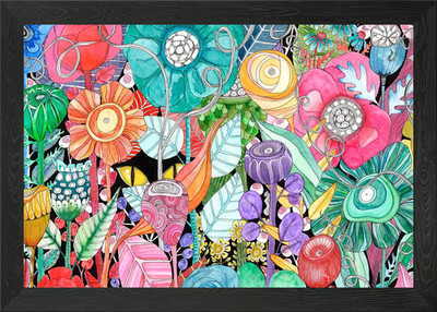 Flower garden and cat Framed Wall Art Poster Canvas Print Picture