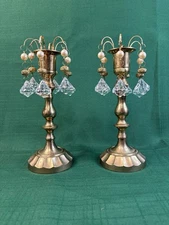 Pair Vintage Solid Brass Candlestick Holders India 8.5” w/ Pearl Prism Bobeches