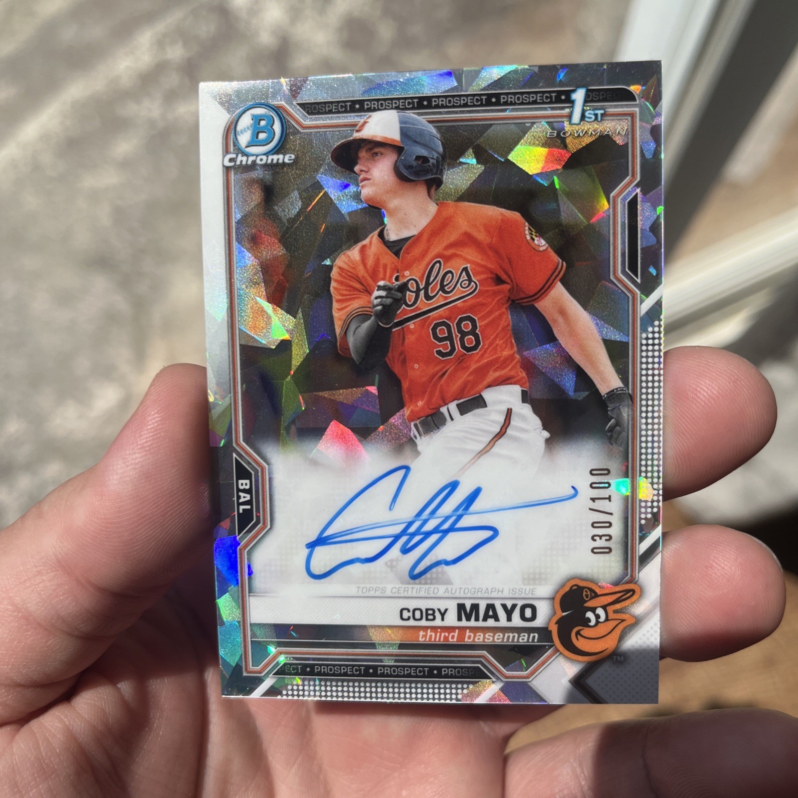 2021 Bowman Coby Mayo Chrome Auto 1st Atomic Refractor 30/100 Orioles
