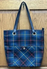 Talbots BluePlaid Tartan Tote Bag Purse Blue Leather Handles Large Shoulder Bag