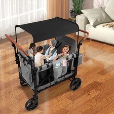 Folding Baby Stroller Wagon Cart For 4 Kids, Face To Face High Seat With Canopy