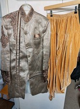 Full Men's Sherwani Indian Wedding Outfit  Trousers Attire Brown and Gold