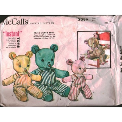Vintage 1956 McCalls 2089 3 Stuffed Bears Sewing Pattern Poppa Mamma Baby Bear
