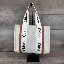 Chloe Woody Logo Strap Tote Bag Hand Bag Beige Cream Brown Canvas Leather