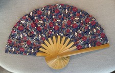 Fan Thai Folding Blue Red Flowers Hand Bamboo Thailand Decor                         1