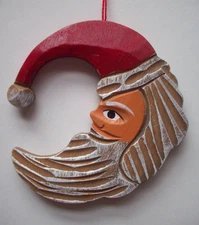 Carved wood cresent moon Santa  Christmas ornaments